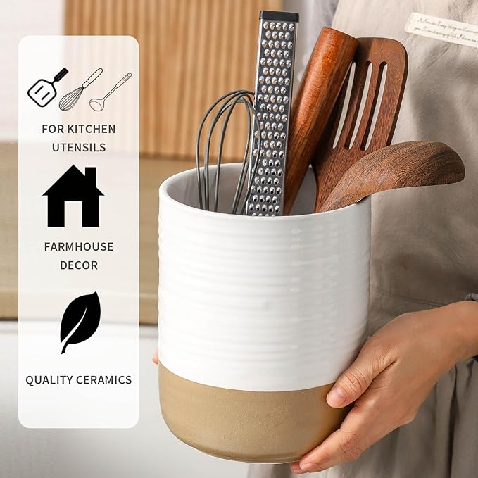HASENSE Large Ceramic Utensil Holder, 7.4" Cooking Utensil Crock for Kitchen Counter, Utensil Organizer Caddy for Kitchen Utensil Set, Vintage Farmhouse Decor Gift, White