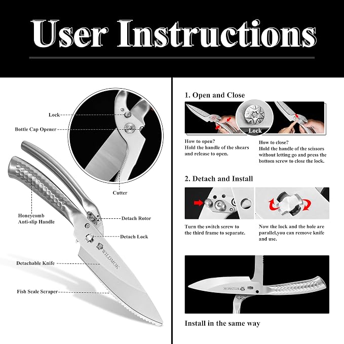 WILDMOK Heavy Duty Poultry Kitchen Shears – Multi-function Stainless Steel Poultry Shears, Ultra Sharp All Purpose Kitchen Scissors Cutting Chicken Meat, Turkey, Fish