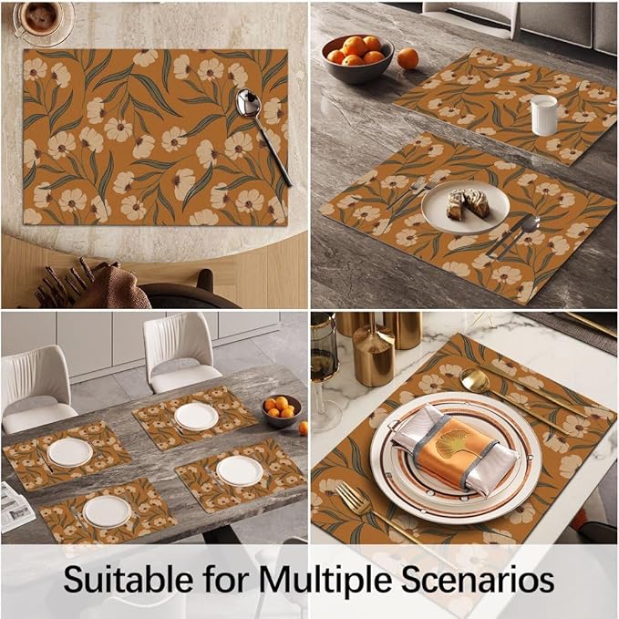 Boho Wildflowers Placemats Set of 4 Rustic Nature Plant Washable Heat Resistant Place Mats for Dining Table Vintage Nature Cottagecore Linen Woven Wipeable Kitchen Table Mats Orange