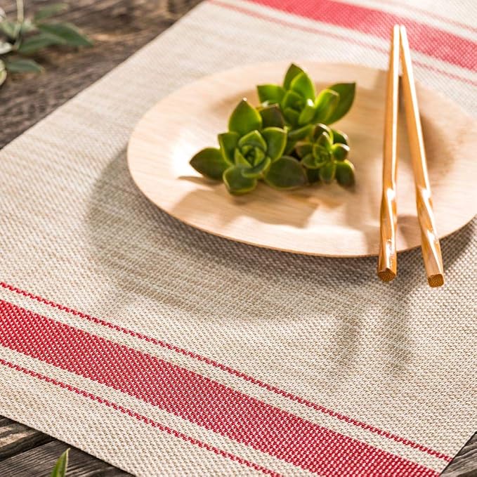 Restaurantware French Countryside 16 x 12 Inch Dining Table Placemats Set Of 6 Heat-Tolerant Kitchen Table Mats - Red Stripe No Stain Khaki Vinyl Woven Rectangle Placemats Easy To Clean
