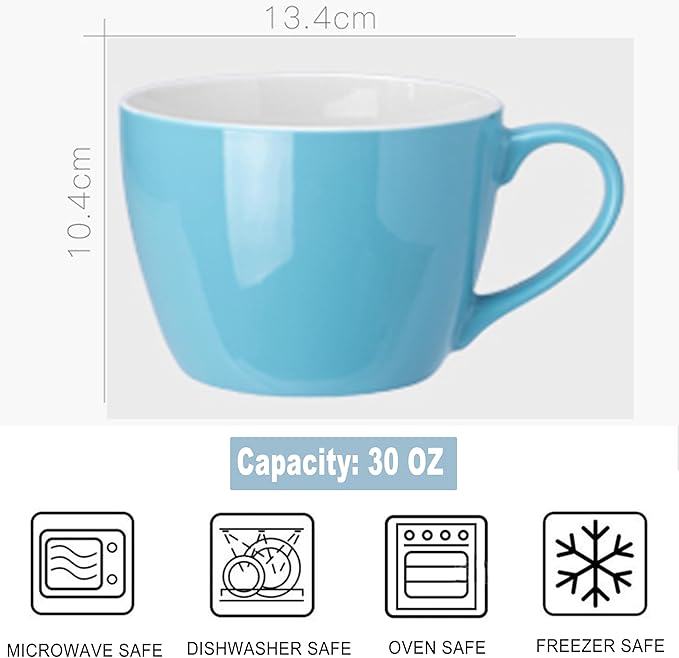 MECOWON 30 OZ Porcelain Coffee Mugs, Set of 2 Large Mugs for Soup, Cereal and Salad (blue)