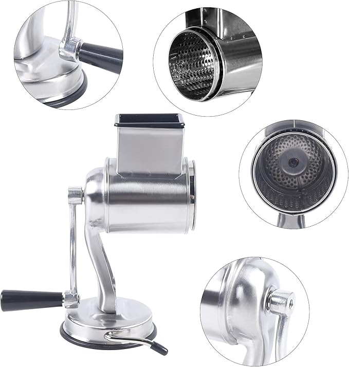 5-in-1 Rotary Cheese Grater Hand Drum Slicer Manual Cheese Shredder Multi-function Stainless Steel Vegetable Chopper Cutter with 5 Blades for Fruit Potato Cucumber Lemon Nut, Silver(Type1)