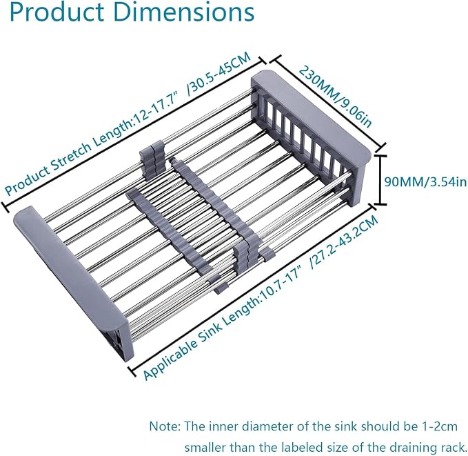 Expandable Dish Drying Rack Over The Sink, Stainless Steel Drainer Basket with Adjustable Arms for Dishes, Vegetable and Fruit (Grey)