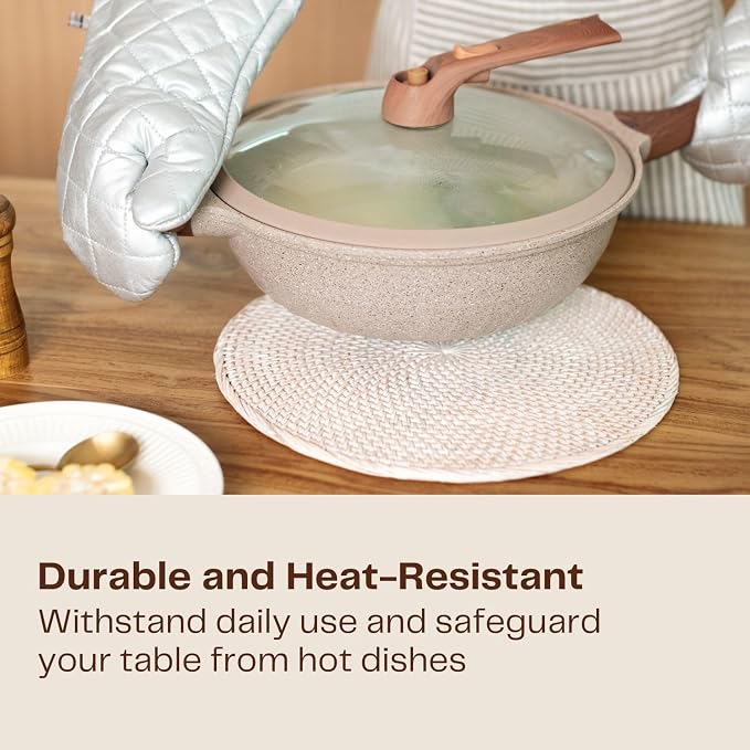 4-Pack Rattan Placemats - 13-inch Round Placemats (Whitewash) - Woven Place Mats, Round Table Mats - Wicker Chargers for Dinner Plates, Plate Chargers Boho