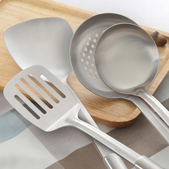 Pleafind Cooking Utensils Set - 4 Pcs Stainless Steel Kitchen Utensils, Wok Utensils Set Includes Spatula, Slotted Spatula, Ladle, Slotted Spoon, Ergonomic Handle & Heat Resistant, Dishwasher Safe