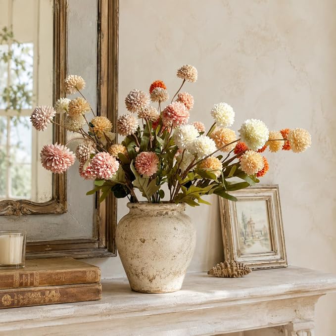 10pcs Faux Beige Kiku Flowers, 5 Heads Each Stem & 4 Branches Eucalyptus Stems, Artificial Small Mini Chrysanthemum Flowers for Aesthetic Room Decor, Floral Arrangements Centerpiece