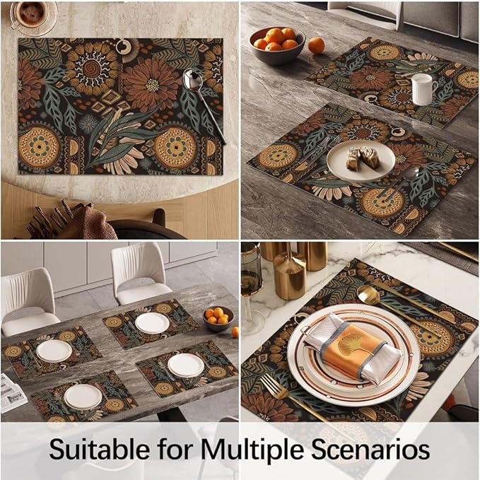 Boho Floral Botanical Placemats Set of 4 Vintage William Morris Washable Heat Resistant Place Mats for Dining Table Rustic Nature Moody Dark Academia Woven Wipeable Kitchen Table Mats Brown