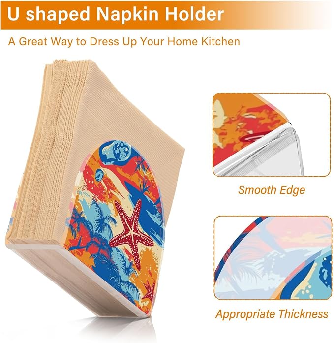 Napkin Holder Acrylic Napkin Holder for Table Kitchen Party Restaurant U Shaped Upright Napkin Dispenser Organizer Bright Summer Beach Starfish and Palm Tree