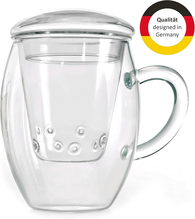 Creano Tea Glass with Infuser and Lid 400ml - Large Tea Cup - Microwave & Dishwasher Safe - Loose Leaf Tea Maker Gift Set