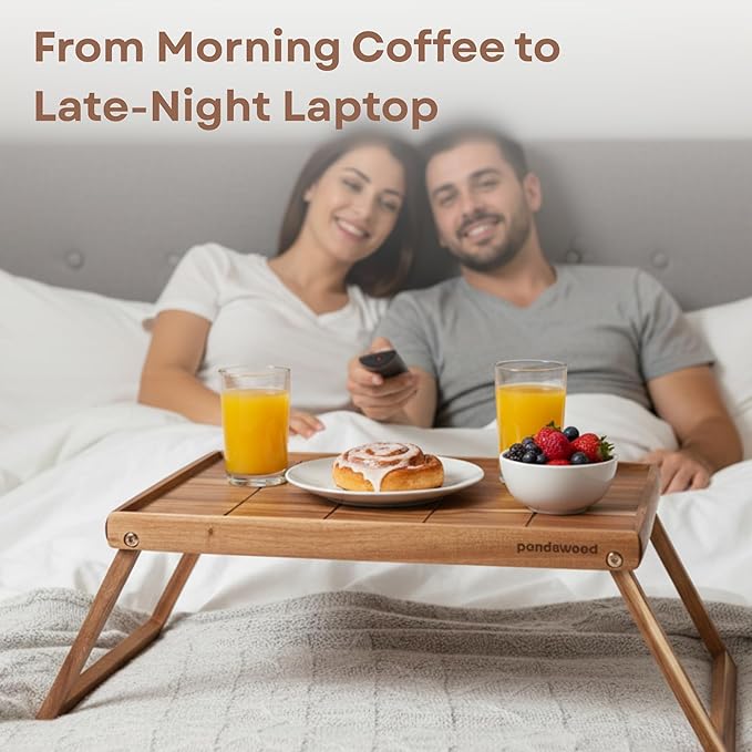 Bed Trays for Eating and Laptops - Acacia Wood Breakfast in Bed Tray with Folding Legs - Large Food Tray for Bed Lap Trays for Eating on Couch Adults - Foldable Wooden Breakfast Trays for Bed 17x13