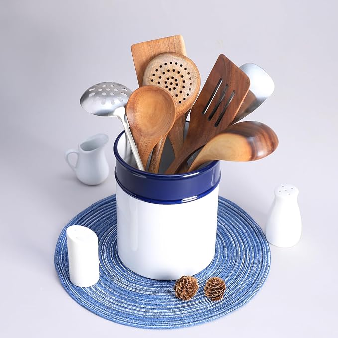 Ceramic Navy Blue Pattern Kitchen Utensil Holder, Large Cooking Utensil Crocks for Kitchen Countertop, Simple Style Utensil Organizer