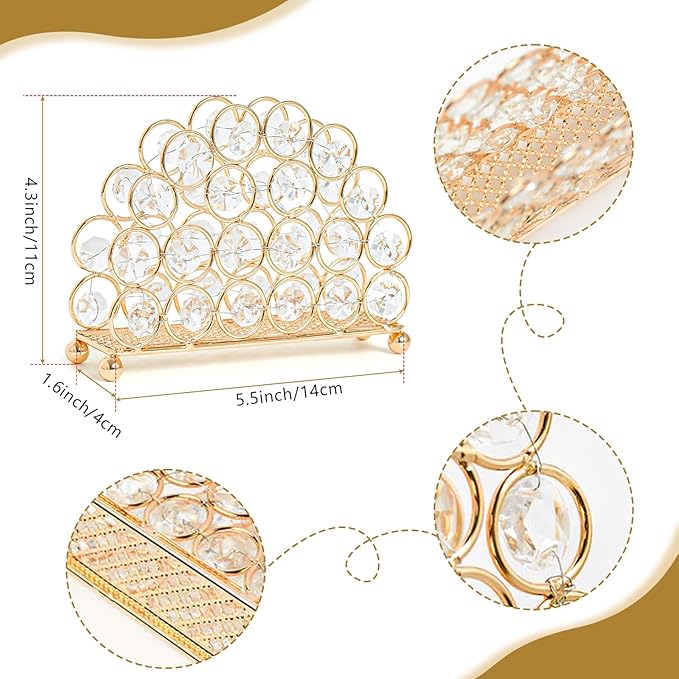 2-Pack Metal Crystal Gold Napkin Holders, Standing Tissue Dispenser & Card Organizer -5.7"×4.3" Modern Table Organizer for Kitchen Dining Party Bathroom Decor