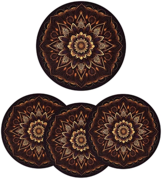 Round Placemats Set of 4, Fire Mandala Flowers Woven Placemats Mats Non-Slip Heat Resistant Washable Table Mats Round Braided Place for Farmhouse Kitchen Dining Party Decor 15in