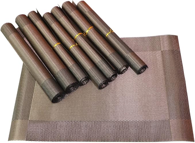 Placemats, Washable PVC Table Mats, Woven Vinyl Placemat for Dining Table Place Mats Set (6 Placemats and 1 Table Runner, Brown)
