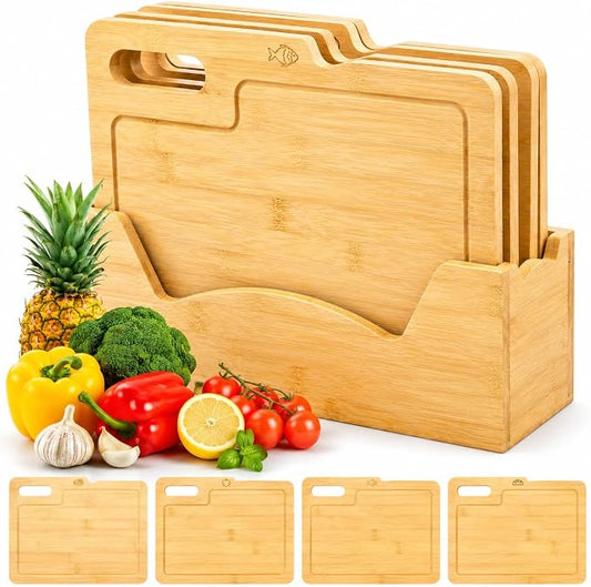 ZENFUN 4 Pack 12.5"L x 9.8"W Bamboo Cutting Boards with Holder, Wood Cutting Board Set, Chopping Boards Set with Food Icons, Kitchen Cutting Board Ideal for Meat, Fish, Bread, Vegetable, Fruit