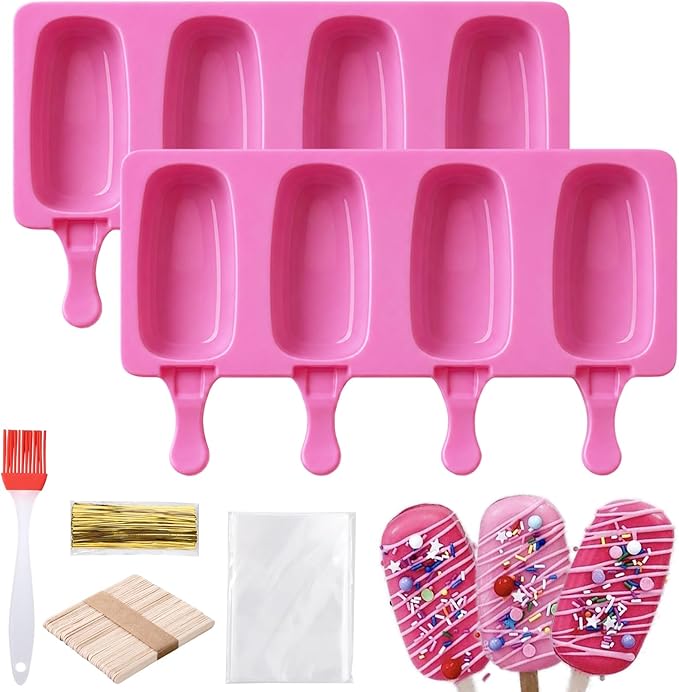 Juome Cake Pop Mold Kit, 2 Pack 8 Cavities Cakesicle Molds Silicone with 100 Wooden Sticks & 100 Packaging Bags with Ties, Cake Pop Maker Supplies Accessories, Baking Tools for Home Desserts (Pink)