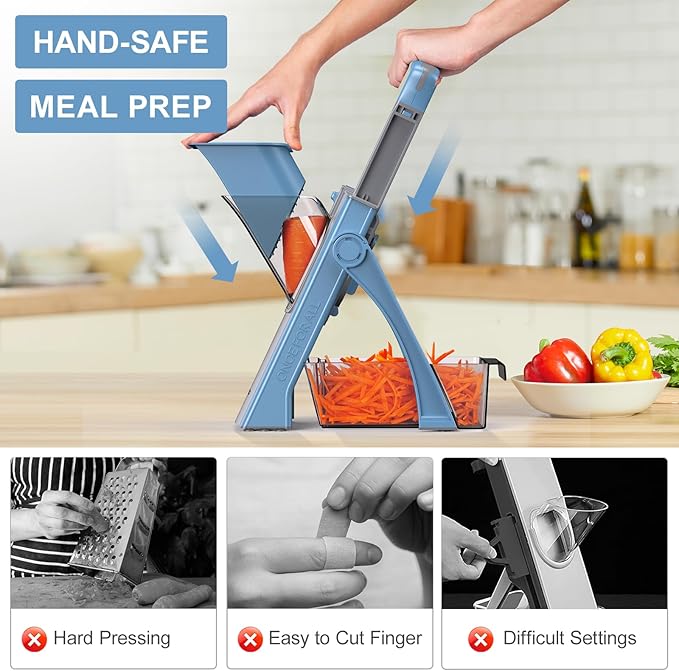 [All in 1] Upgraded Version Safe Mandoline Slicer for Kitchen, Adjustable Thickness. Veggie Slicer, Rapid Prep Mandoline, Detachable Blade, Cleaning Brush (Blue)