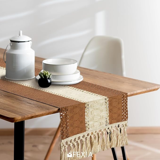 FEXIA Boho Table Runner for Home Decor with Tassels 72 Inches Long Farmhouse Rustic Caramel Table Runner Macrame Burlap Table Decoration for Living Room Bridal Shower (12x72 Inches)