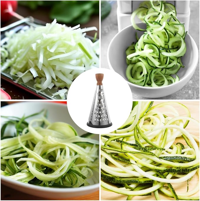 Cabilock 9.44 Inch Stainless Steel Cheese Grater with Wooden Handle Multifunctional Cone-Shaped Hand Grater for Cheese Vegetables and Fruit in Home Kitchen
