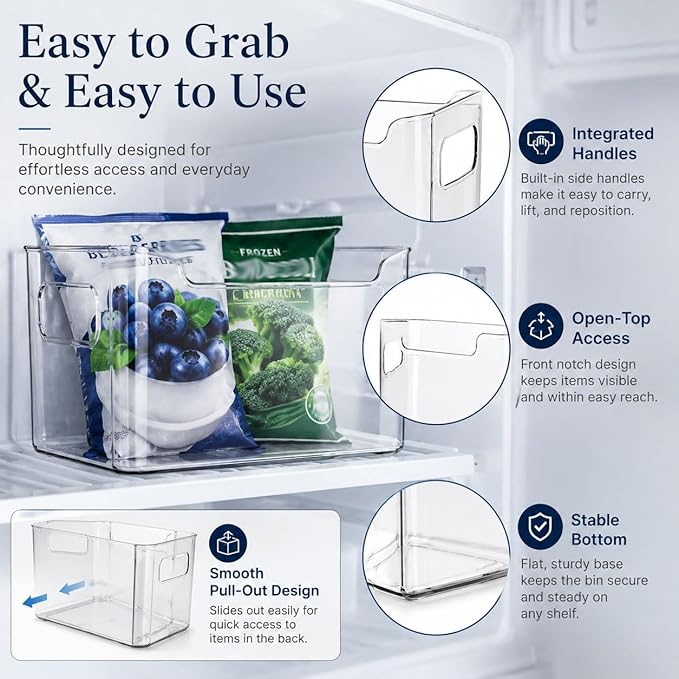 Clear Crystal Freezer Storage Bins,3 Pack Clear Plastic Organizer Freezer Bins for Refrigerator and Pantry,Stackable Kitchen Cabinet Containers with Handles (Crystal Clear, 3pcs*Large)