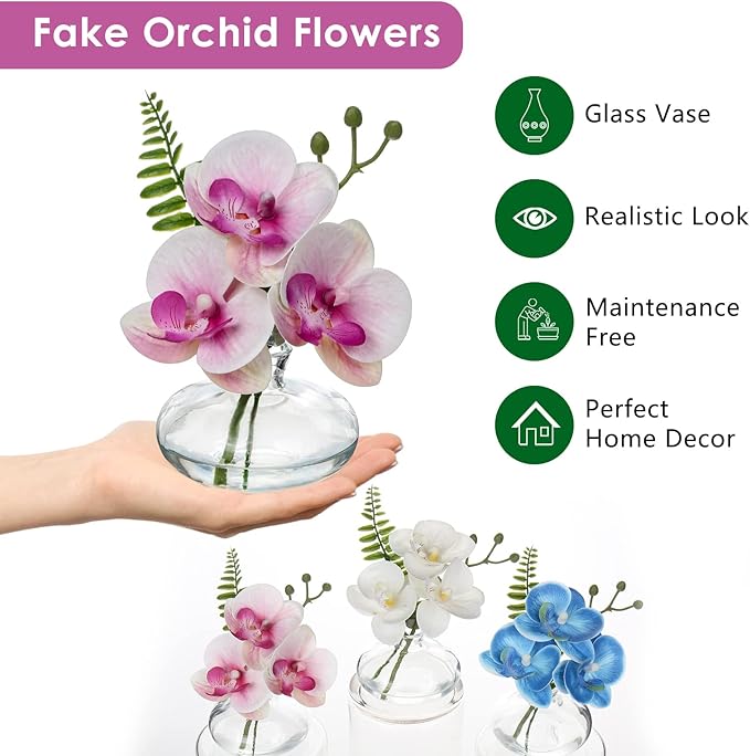 Oairse Pink Orchids Artificial Flowers Faux Orchids Arrangement in Clear Glass Vases Set of 3 Real Touch Phalaenopsis Orchid Flowers Small Fake Orchid Centerpiece for Dining Room Table