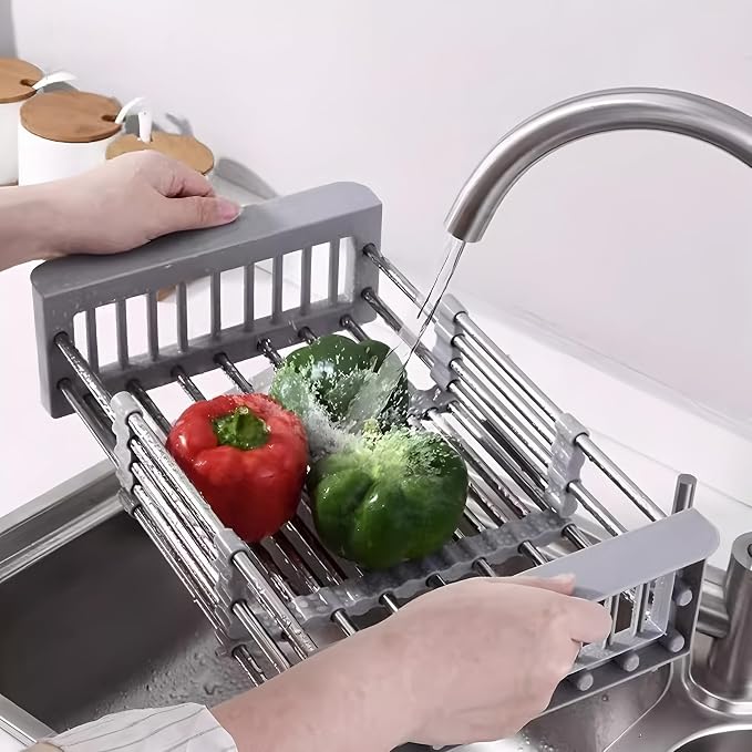 Adjustable Countertop Over Sink Dish Drying Rack, Gray, Small | Stainless Steel, Adjustable Countertop Drainer, For Plates, Bowls, Utensils, Kitchen Organizer