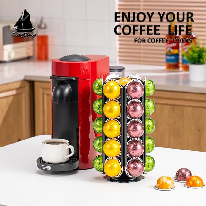 FlagShip Coffee Pod Holder for Nespresso Vertuo Pods Organizer,360 Degrees Revolving Pod Carousel Extra Storage Space,Vertuo Pod Stand Black Metal(40+ Pods Capacity)