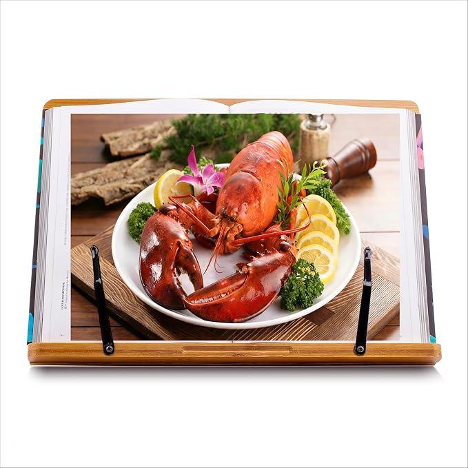 Large Book Stand 15.4" x 11.0" Bamboo Adjustable Heavy-Duty Book Holder for Thick Textbooks,Cookbook Holders Stands for Kitchen Counter,Cookbook Stand,Page Clips,Desktop Bookstand for Law School