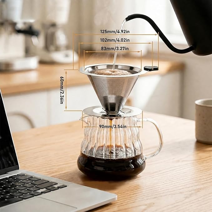 Pour Over Coffee Dripper, Reusable Cone Stainless Steel Coffee Filter, Double Layer Fine Mesh Paperless Coffee Maker with Coffee Spoon and Cleaning Brush for 1–2 Cups