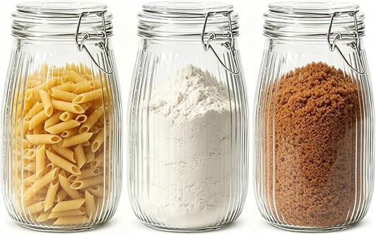 ComSaf 3pcs 50oz Ribbed Glass Jars with Airtight Clamp Lids, Large Vintage Canisters for Flour, Sugar Storage & Fermenting, Wide Mouth for Pantry Organization & Countertop Decor