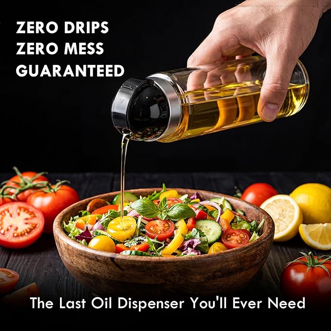 Leakproof Olive Oil Dispenser Bottle with No-Drip Spout - Shatterproof Borosilicate Glass with Dust Cover & Wide Mouth - Heat-Resistant 15oz Oil and Vinegar Cruet for Kitchen, Cooking, Salad Dressing