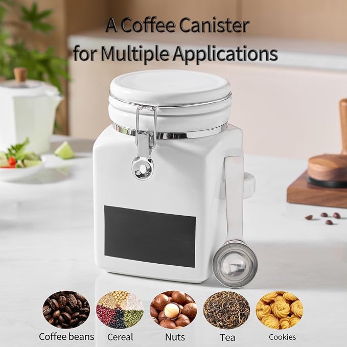 Ceramic Coffee Canister with Airtight Lid and Scoop, Extra Large 148 Fl Oz / 4.4 L Kitchen Food Storage Container Jar for Grounds Coffee, Beans, Tea, Sugar, Flour, Cereal, Nuts, Cookie, White