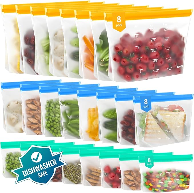 IDEATECH 24Pack Reusable Food Storage Bags, Reusable Freezer Bags | Leakproof, Dishwasher Safe, Stand-Up, BPA-Free Food Grade, 24Pack Assorted Set for Meal Prep, Freezer Storage & Family Use