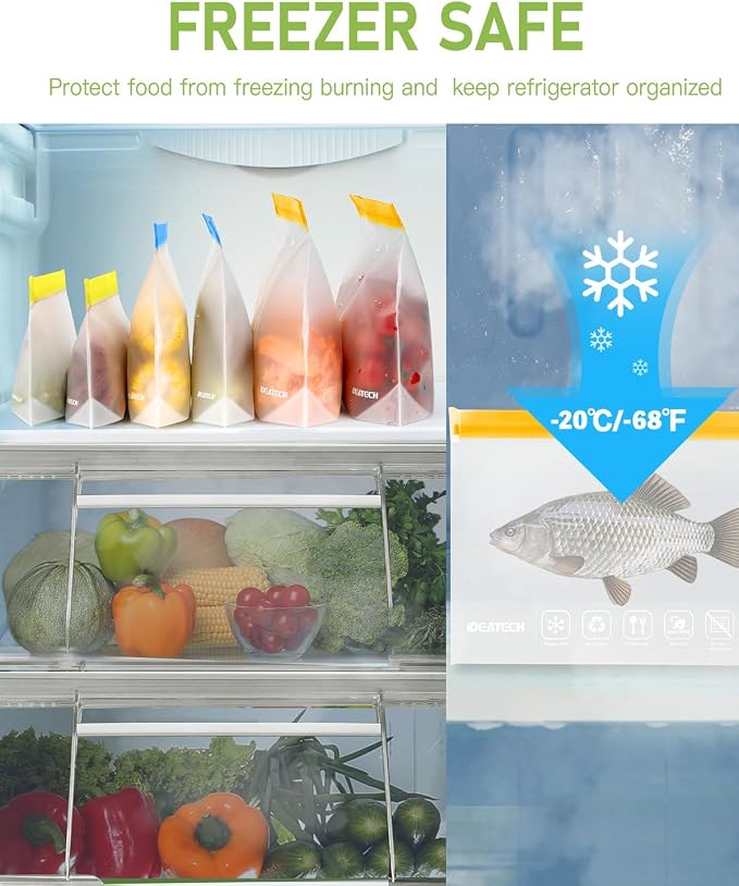 IDEATECH 24Pack Reusable Food Freezer Bags Dishwasher Safe, Leakproof Storage Contaizers, Reusable Bags Various Size for Food Storage, BPA Free Resealable Baggies(8Gallon 8Quart 8Snack,Colored)