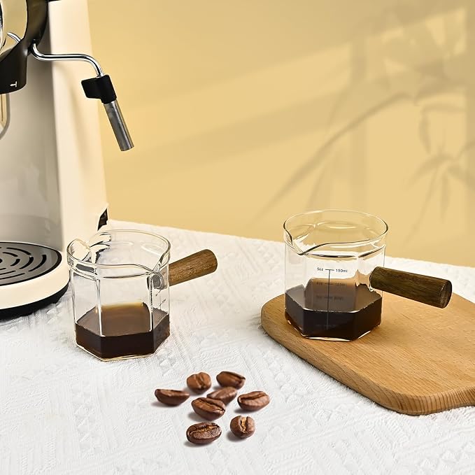 Glass Measuring Cup, 5oz Clear Espresso Shot Glass with Wood Handle, Double Spouts Measuring Triple Pitcher Milk Cup for Coffee Tea (Transparent)