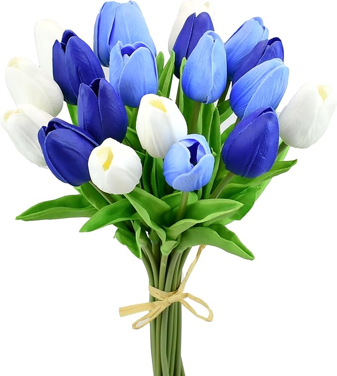 Mandy's Shades of Blue Artificial Tulips Flowers Centerpiece, 13.5" Lifelike PU Fake Floral Stems 20pcs for Kitchen Island & Dining Table, Spring Decor for Easter
