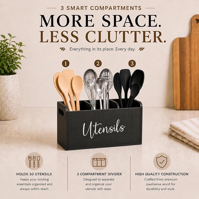Black Kitchen Utensil Holder for Countertop – Large 3-Compartment Cooking Utensil Organizer & Caddy with Drain Holes, Modern Wood Utensil Holder for Kitchen Counter, Spatula & Spoon Storage
