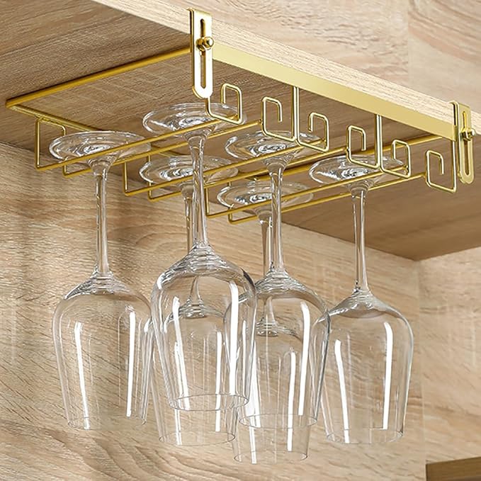 CAKERS Creative Wine Glass Holder|Under Cabinet Iron Art Stemware Rack|Hanging Wine Glass Drying Holder For Kitchen Bar Restaurant,Gold,3 Rows