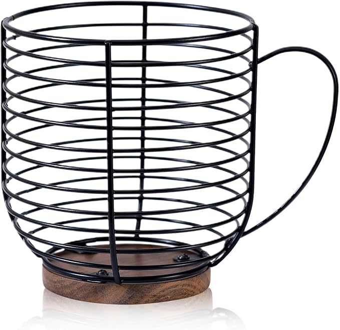 Coffee Pod Holders for Counter With Acacia Wood Base- K Cup Holders for Counter - Coffee Pods Storage Organizer - Coffee Bar Accessories - Large Capacity Black Wire Kup Storage with Wooden Stand