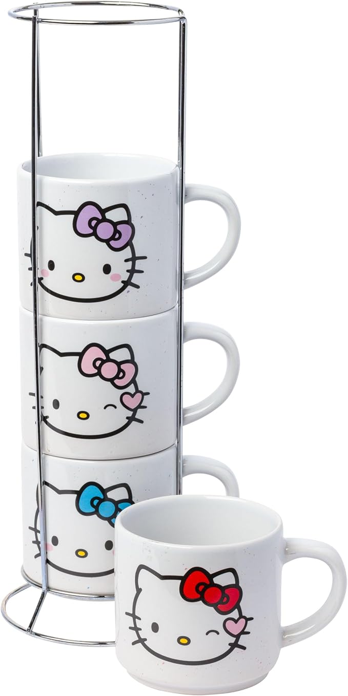 Silver Buffalo Sanrio Hello Kitty Faces and Hearts 4pc Ceramic Mug Stack Set, 10 Ounces
