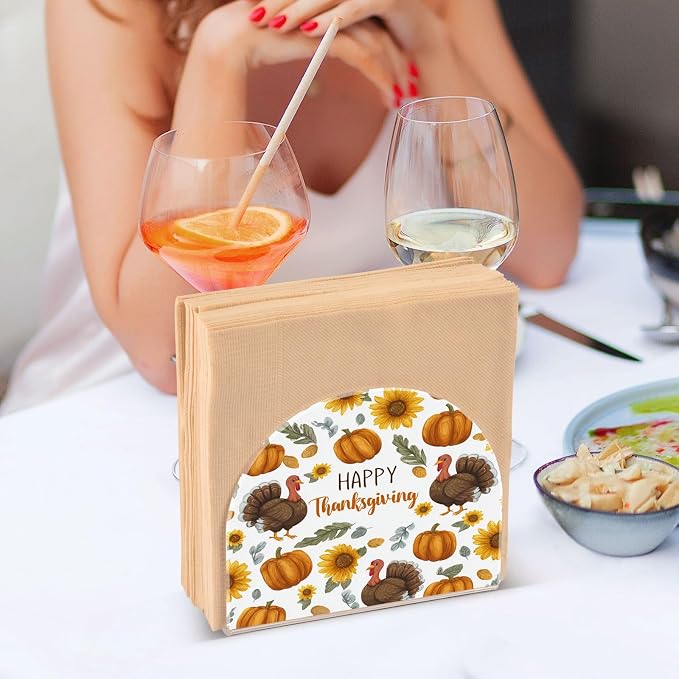 Napkin Holder Acrylic Napkin Holder for Table Kitchen Party Restaurant U Shaped Upright Napkin Dispenser Organizer Thanksgiving Turkeys Sunflowers White