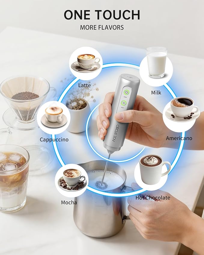 CIRCLE JOY Rechargeable 2-Speed Handheld Milk Frother with Stand, Dual Spring Whisk Electric Foamer, Portable & Detachable Coffee Frother Wand, Drink Mixer for Lattes, Macchiato, Hot Chocolate, Silver