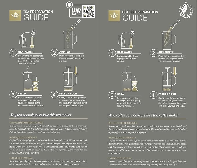 Teabloom Toulouse Borosilicate Glass Tea Press and Coffee Maker with No Plastic, 24-Ounce (700 mL) - Frost White