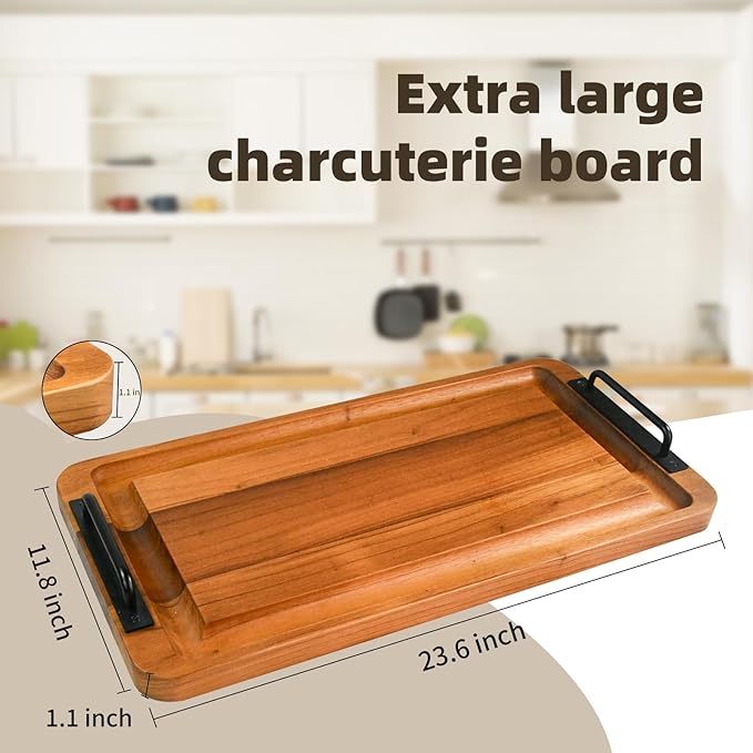 Large Wooden Charcuterie Boards with Handles, Extra Long Wood Serving Tray Platters,Rectangular BBQ Meat Cutting Cheese Board for Party Appetizers,Home & Outdoor 23.6x11.8x1.1”