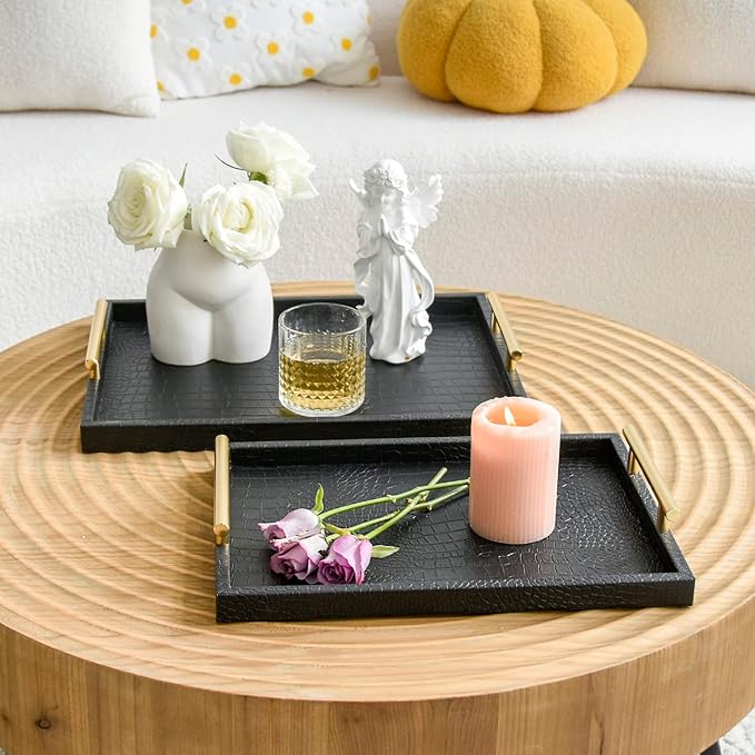 Set of 2 Modern Elegant Large Wood Serving Tray, Rectangle Decorative Tray Ottoman Tay Coffee Table Tray, Black Crocodile Leather with Gold Polished Metal Handles