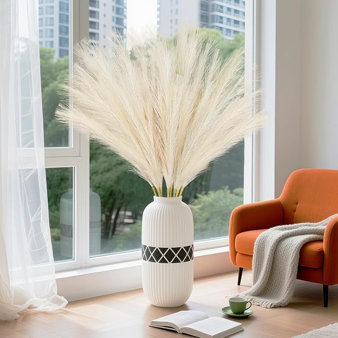 TORONTOKYO 8Pcs Beige Faux Pampas Grass Tall Decor, 35.4” Fluffy Artificial Pompous Grass Branches, Large Pampas Grass Reed Stems for Floor Vase Filler, Wedding, Baby Shower, Home Boho Decor