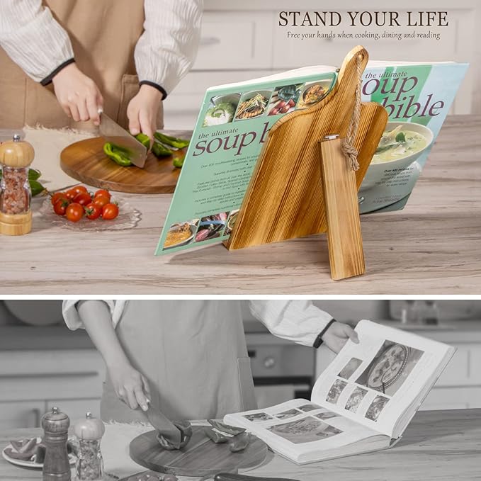 PUERSI Cook Book Stand for Kitchen Counter, Wooden Cookbook Holder, Adjustable Recipe Book Holder - Brown