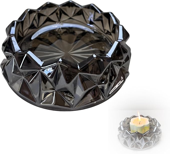 Diamond Glass Candle Holder, Clear Glass Candle Dish for Home Decor, Decorative Modern Candle Tray for Small Candles & Diffusers (Slate Gray)