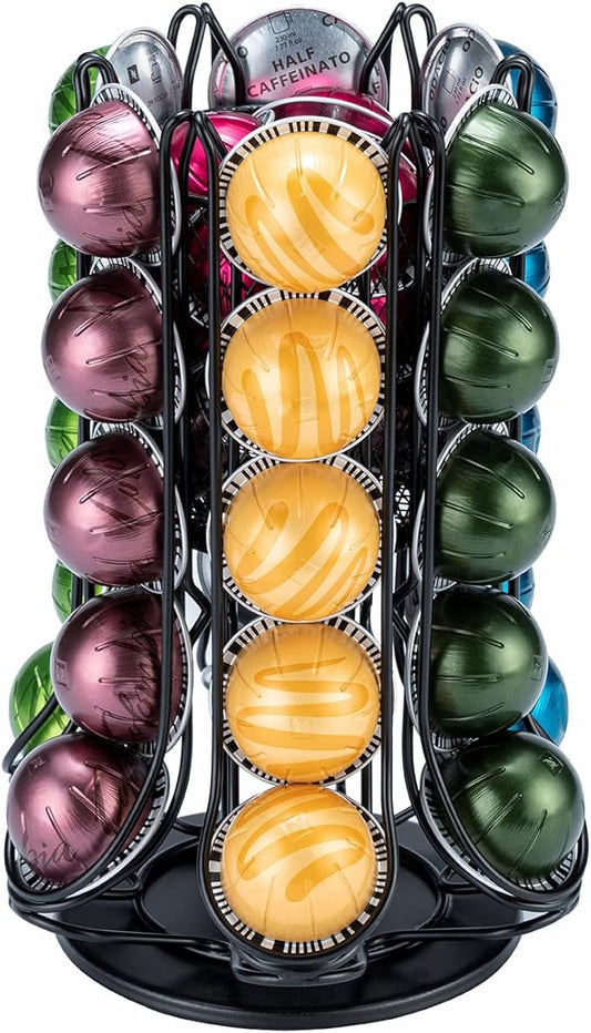 FlagShip for Nespresso Pod Holder Coffee Pod Carousel for Vertuo Pod Storage with Extra Basket 360° Silent Rolling(30+ Pods & 1 Box Capacity)