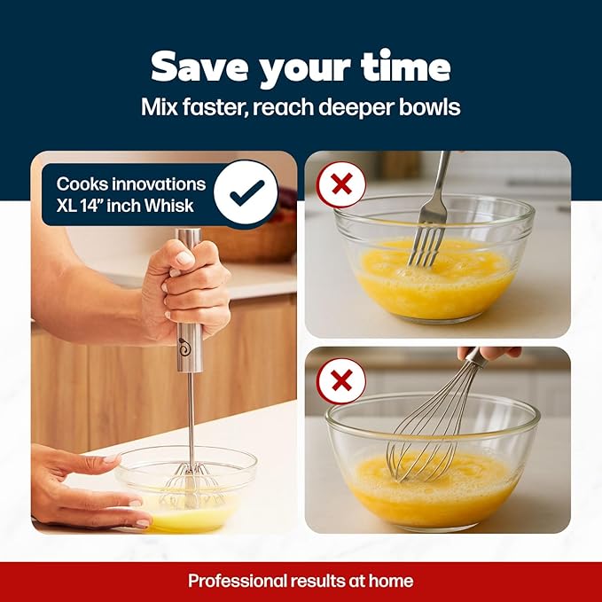14 Inch Stainless Steel Egg Beater - Durable & Easy to Use Push-Down Zip Whisker - Rotary Hand Mixer for Beating Eggs, Frothing Milk, Blending, Mixing, Whipping Smoothies & Shakes - Hand Whisk
